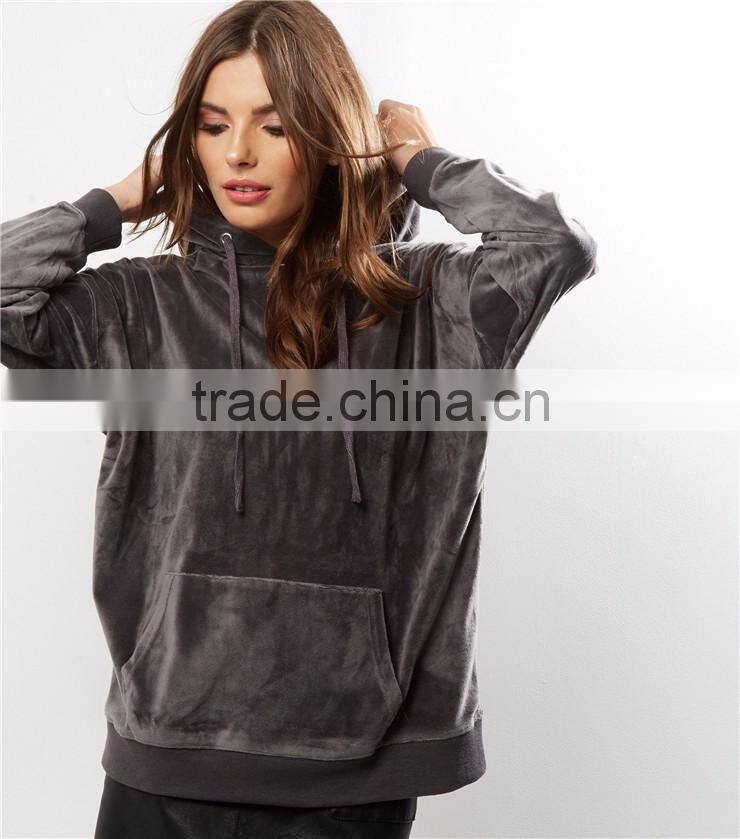 Women Plain Oversized Velvet Hoodie With Front Pocket Double Drawstrings Pullover Drop Shoulder