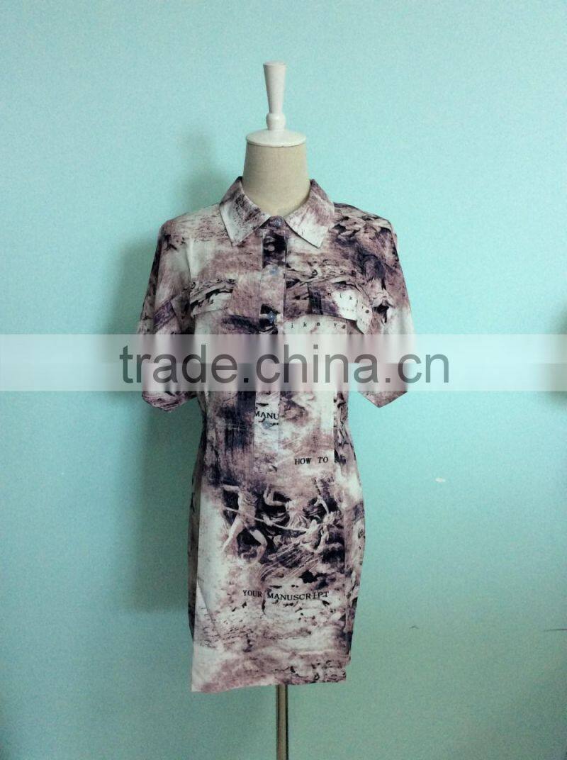 China Factory Cheap Woven Garment Custom Longline Fashion Woman Short Sleeve Latest Blouse Design 2016
