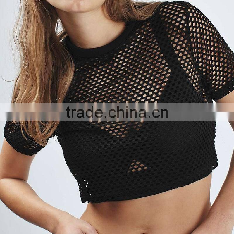 Fashion design women mesh crop top summer short sleeve sexy top woman