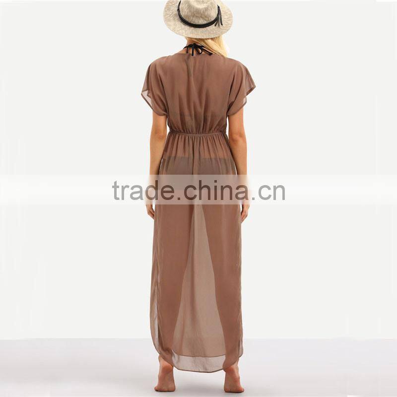 Latest Design Ladies Brown Drawstring Waist V Neck Split Dresses Summer Beach Wear Sexy Short Sleeve Long Maxi Dress