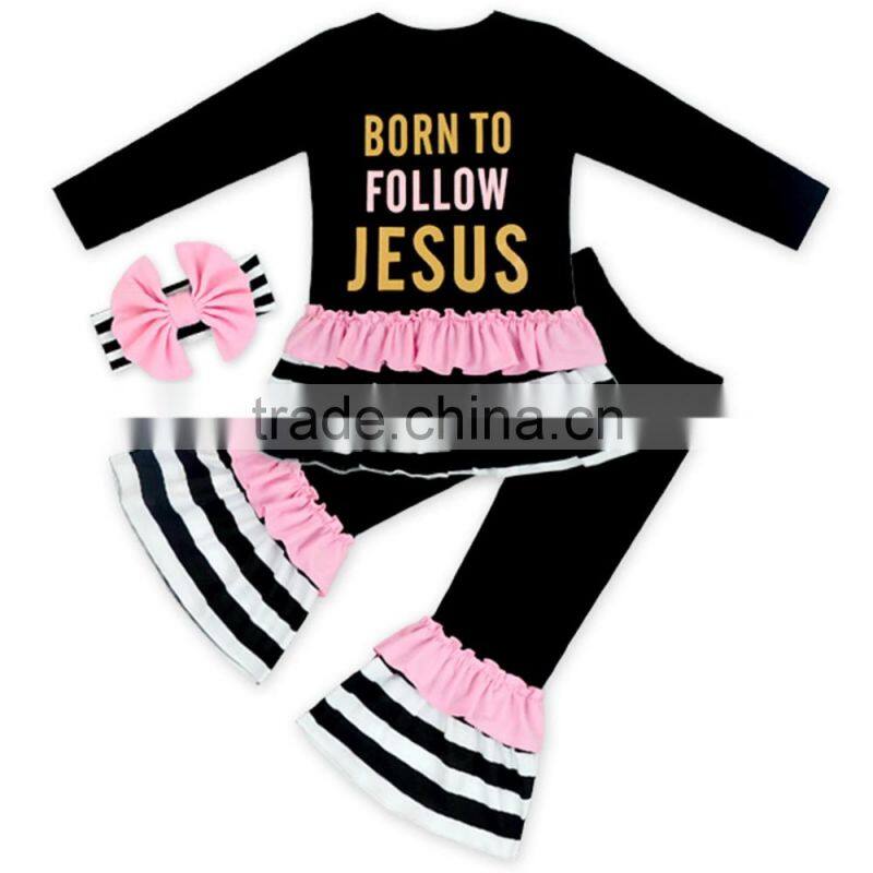 Hot sale 2pcs children clothing set long sleeve 3 layers of edible fungus shirt and pant gilr short layered set