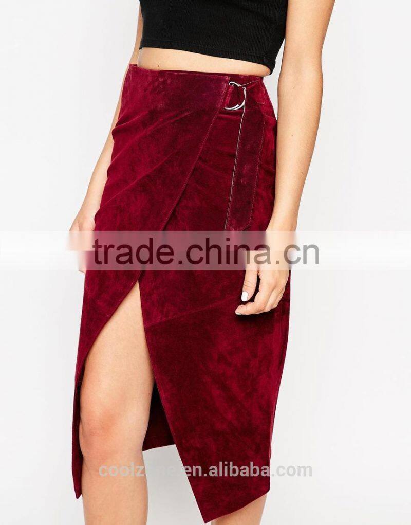 100% Real leather ladies pencil split front wrap skirt