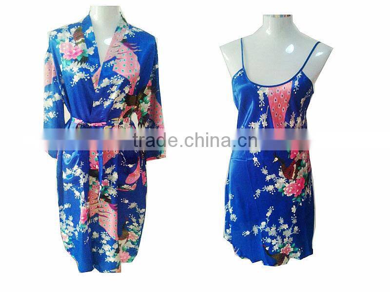 Summer Two pieces Woman long Satin bathrobe Kimono Robes PC046