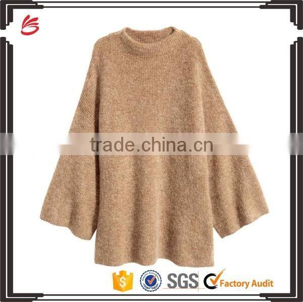 High Quality Long Bell Sleeves Crew Neck Ribbed Handmade Wool Knit Sweater for Women