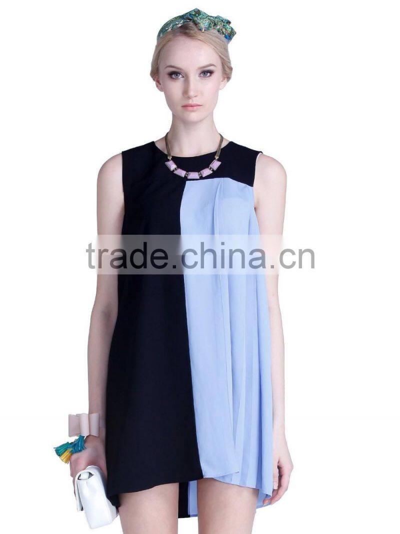 Womens black and blue contrast color chiffon sleeveless simple blank dress
