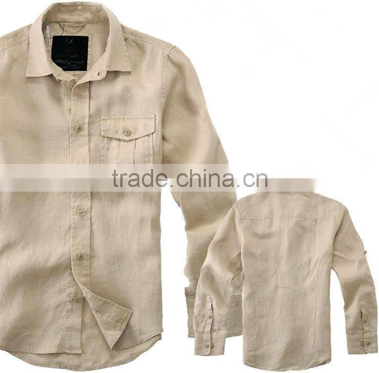 100%linen long sleeve khaki color shirts for men with spread collar and one pocket