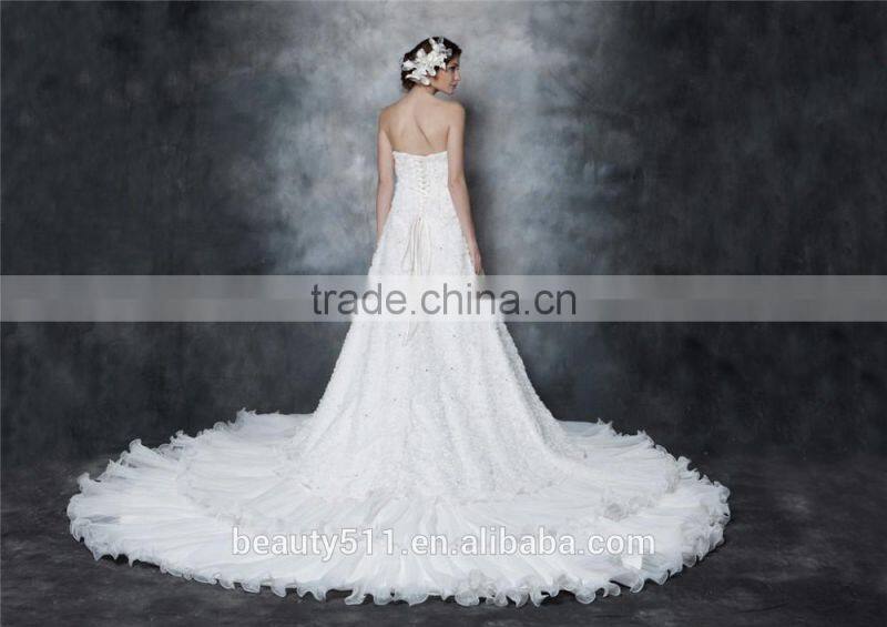 Gorgeous A-line Strapless Chapel Train Pleated Organza and Satin Wedding Dress AS29002