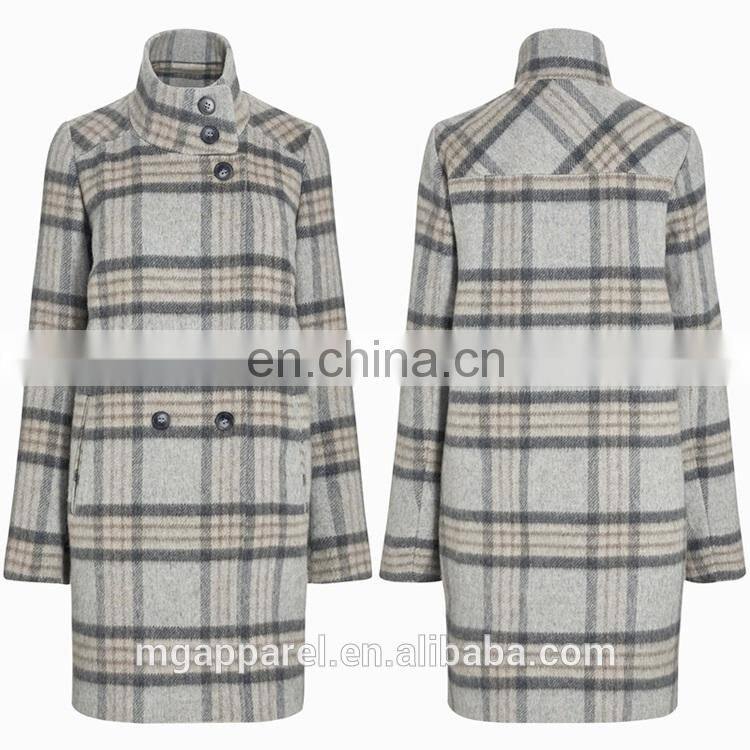 wholesale OEM high quality women winter long coat grey soft wool check coat