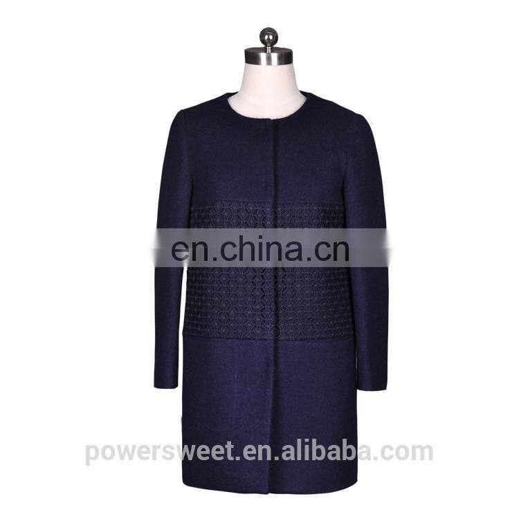 2014 Latest Fashion O-Neck Lace Stitching Long Winter Coat