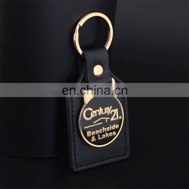 custom logo gold metal keychain black leather keychain