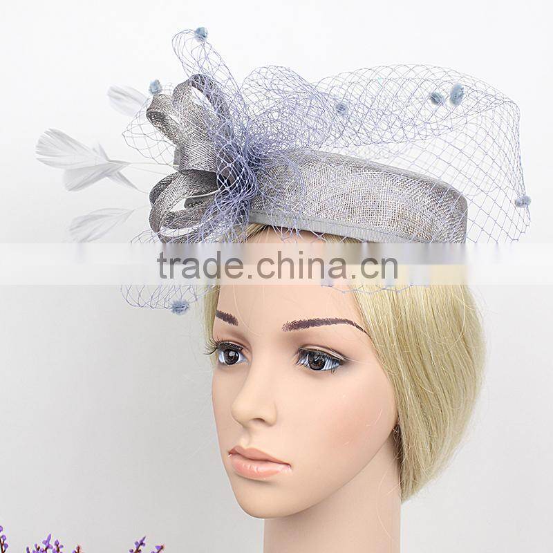 New Design Fashion Fascinator Birdcage Veil Sinamay Plain Church hat With Feather