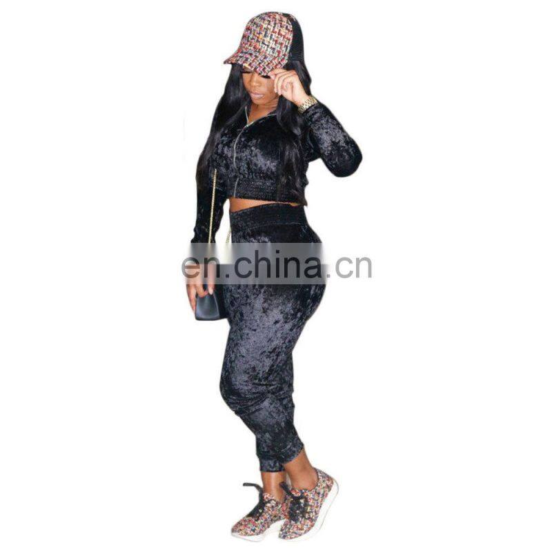 Customized women's fall leisure sports pure color fluffy long-sleeved zipper two-piece suit