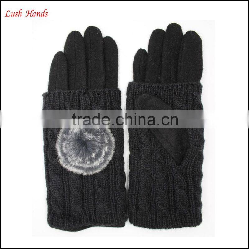 ladies high-quality woolen gloves with rabbit fur ball