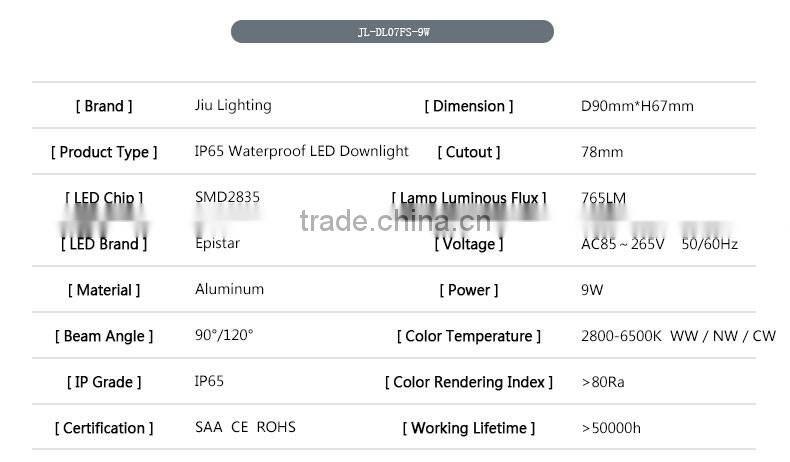 Dongguan COB or SMD LED Downlights Round or Square Shaped 78mm Cutout 9W IP65 Waterproof LED Downlight