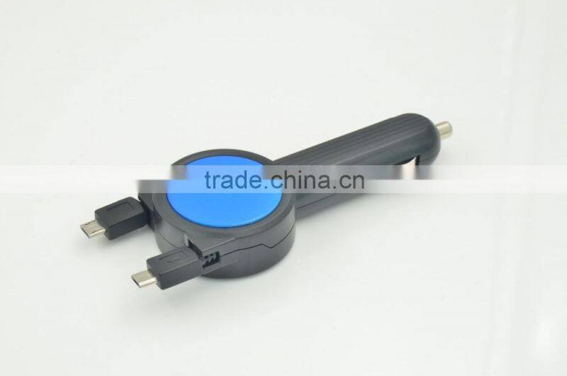 New design protable 3.1A car battery charger with double retractable built-in cable for iphone/samsung/Type-C/htc/blackberry