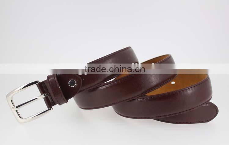 Sample style thin brown pu leather man belt for jeans with shiny silver metal square accessories in YiWu