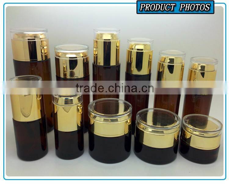 Dark brown colored glass cosmetic bottle and cosmetic glass jar with acrylic lid