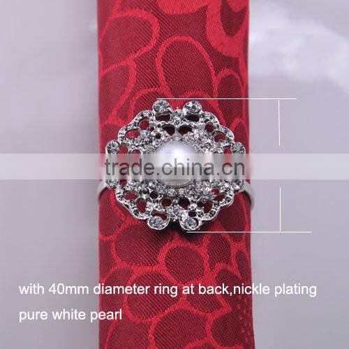 (M0456-ring) 100pcs/lot Elegant Wedding Flower Rhinestone Napkin Rings,34mm diameter ,40mm ring ,nickle plating,pure white pearl
