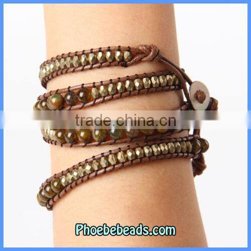 Hot Sale High Quality 6mm Agate Three Leather Wrap Bracelets Wholesale PCLB-C052