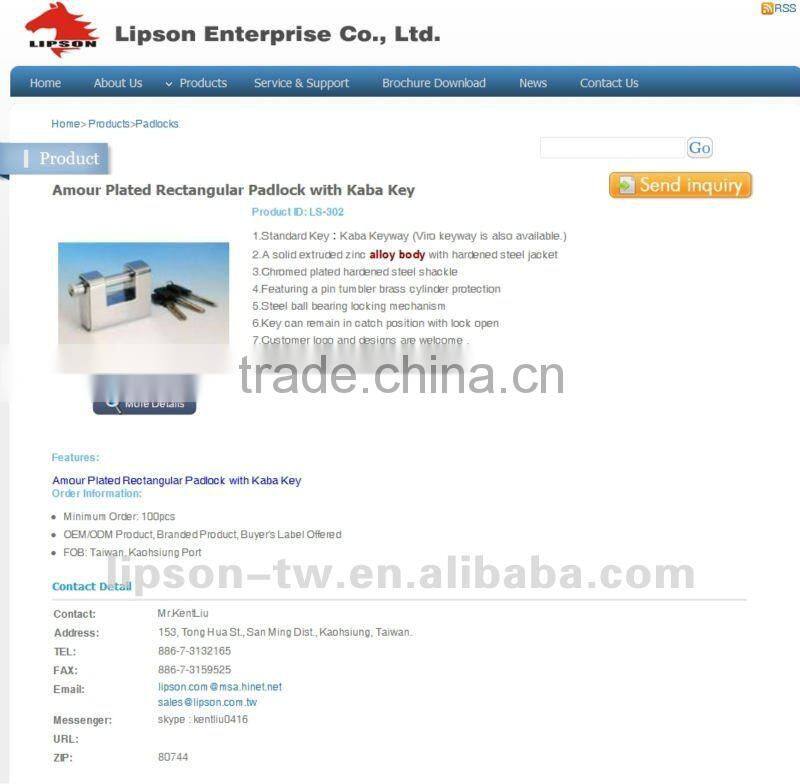 LS-302 Amour Plated Rectangular Padlock with Kaba Key