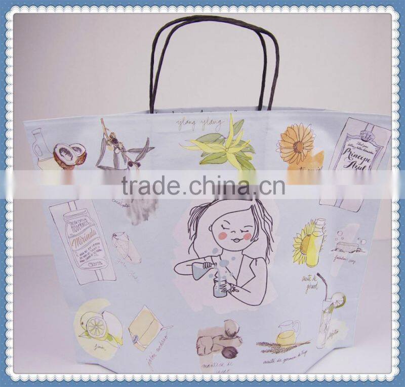 Colorful printed new style white kraft paper bag with black twisted handle for costemic