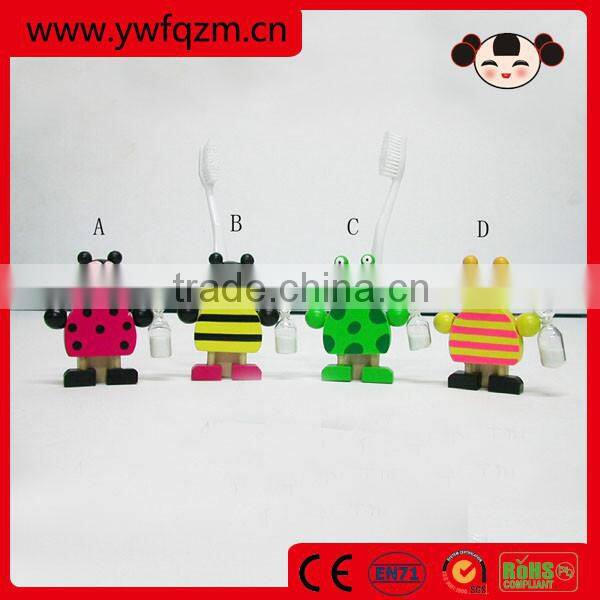 wooden cartoon kids mini toothbrush holder with 2 minutes hourglass