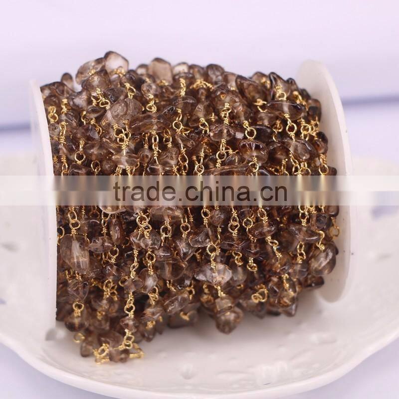 Natural Fluorite Nugget Quartz Chip Bead Rosary Chain, Gold plated Wire Wrapped Chain