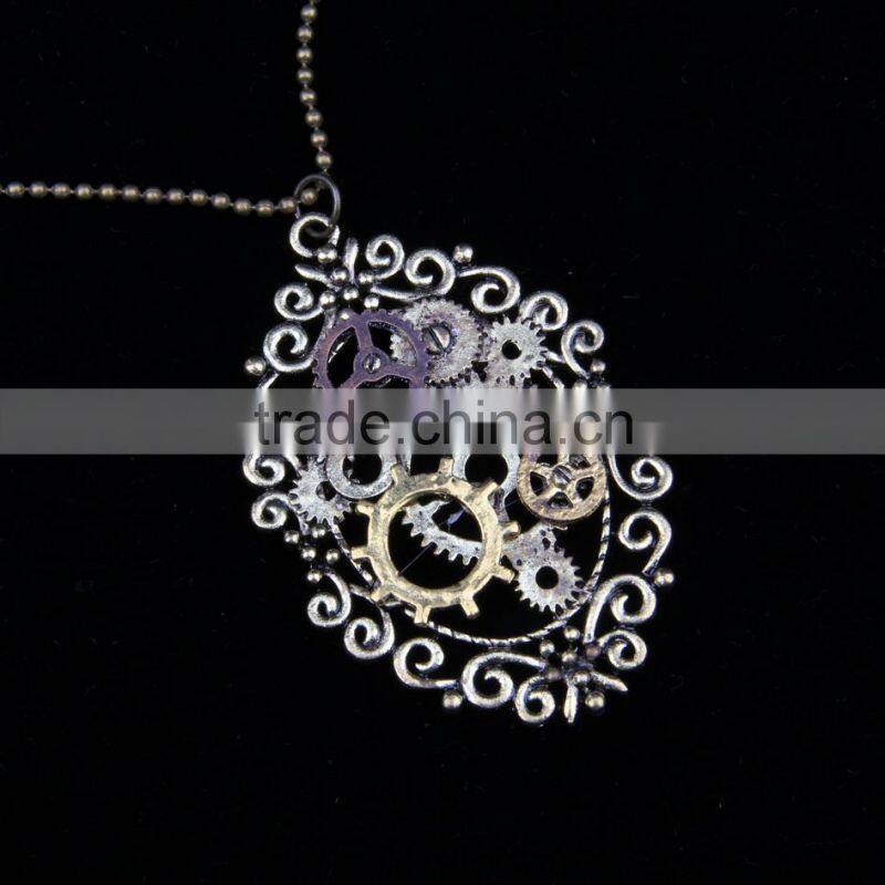 New design steampunk gear cameo pendant statement necklace 2015 yiwu fashion imitation jewelry hot sale