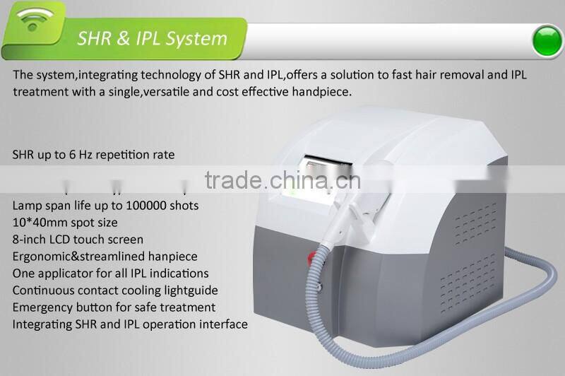 Integrating technology of SHR & IPL, continuous contact cooling lightguide, emergency button for safe treatment, cheap price!
