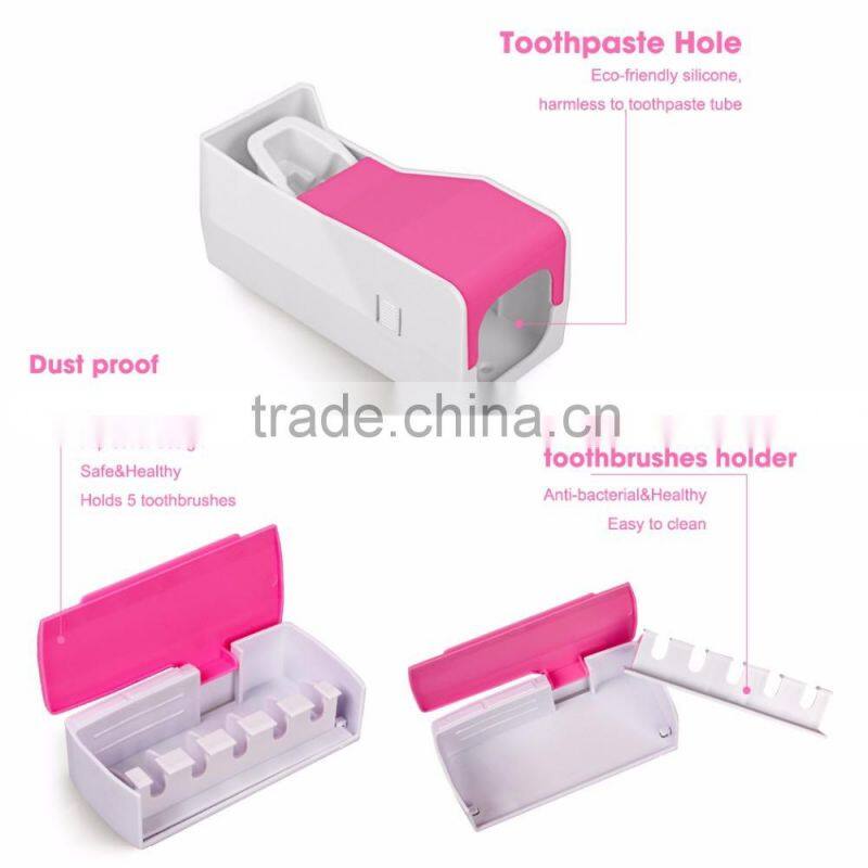 Cosylife Toothpaste Dispenser Toothbrush Holder and Toothpaste Squeezer Kit Wall Mounted Kid's 5 Toothbrush holders with Cover