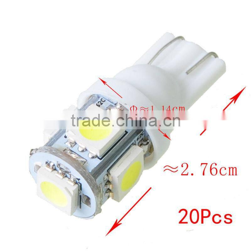 Packed 20pcs DC 12V White T10 Wedge 5-SMD 5050 LED Car Light bulbs 192 168 194 2925 W5W