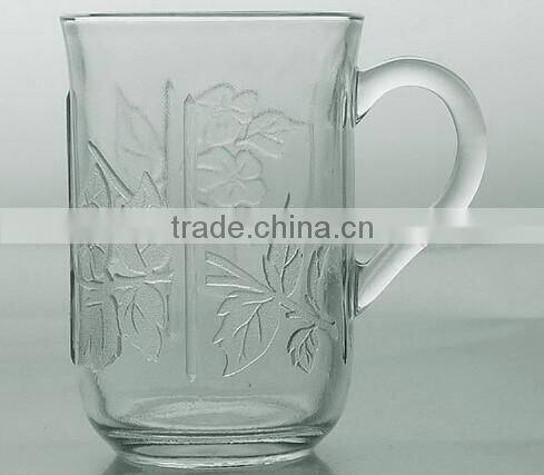 Haonai hottest selling glass coffee mug with embossed logo,glass cup with handle
