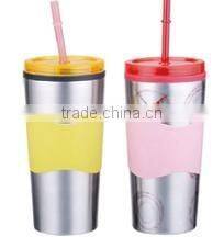 500ml stainless steel Inner plastic outer steel double layer cup with straw