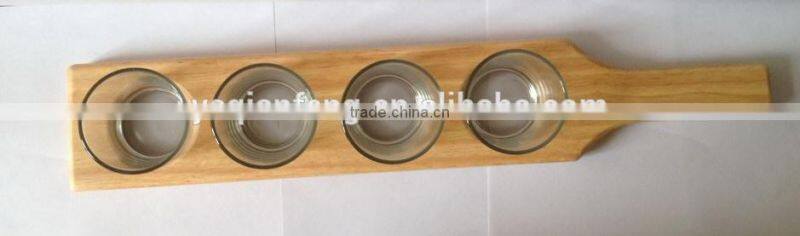 wooden beer paddle with glass cup, paddle, beer flight, glass cup tray