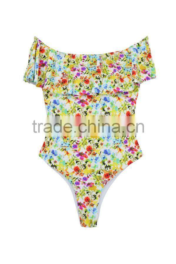 ladies fashion big ruffle without strap one-piece swimwear