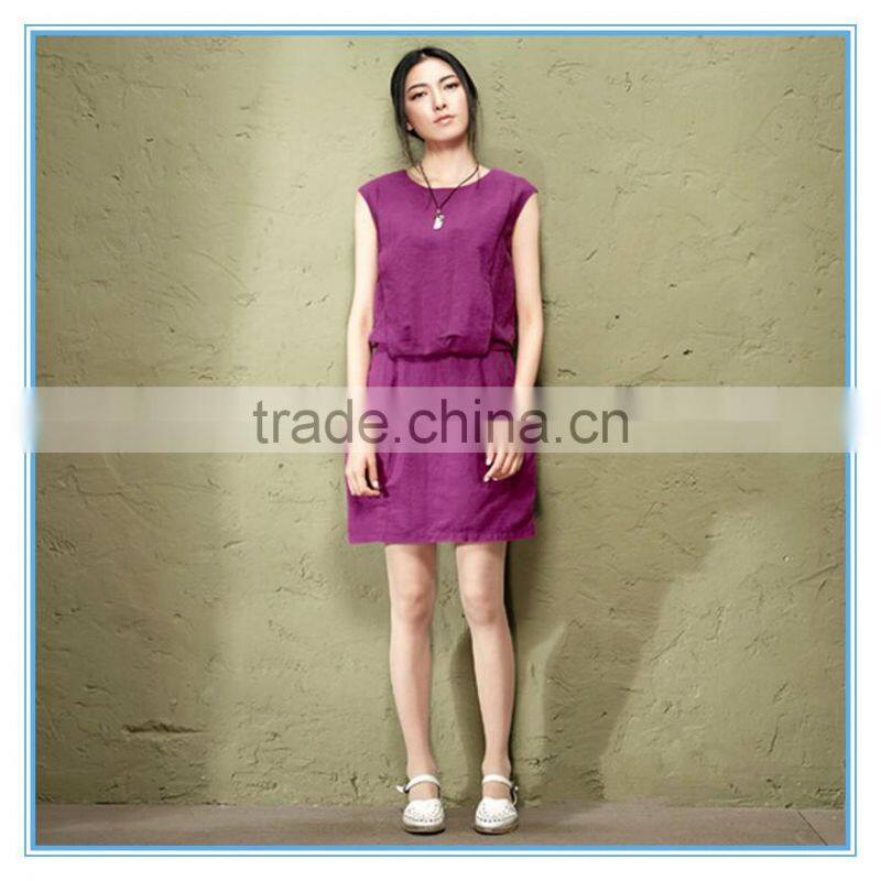 2016 Elegant Slim Casual Dress Solid Color Cotton Linen Vest Dress For Women