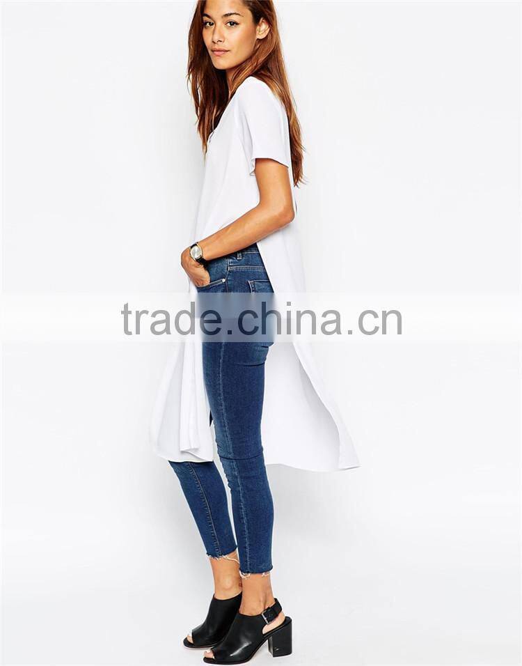 Girls longline plain white v neck 100 cotton white t shirt