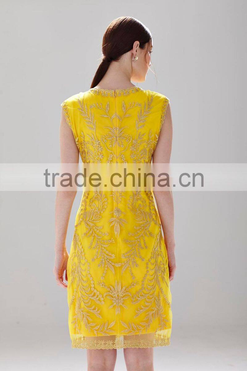 A-Line Neck design shinny gold ladies casual slim fashion dress with zipper black SR-D9789