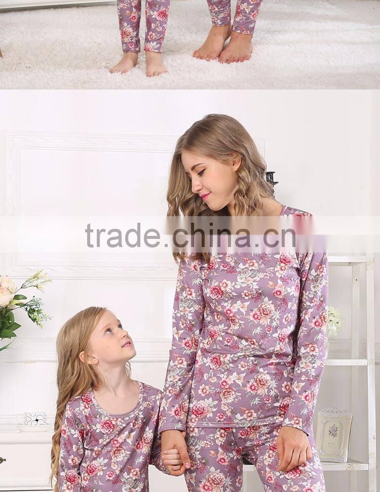 Europe Size Crimson Lake Flowers Slim Fit Pyjamas Mother Daughter Dress Clothes