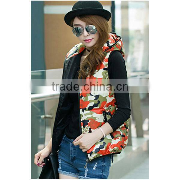 2015 New Fashion Customized Casual Printed Women Cotton Vest With Hoody,Down Parka