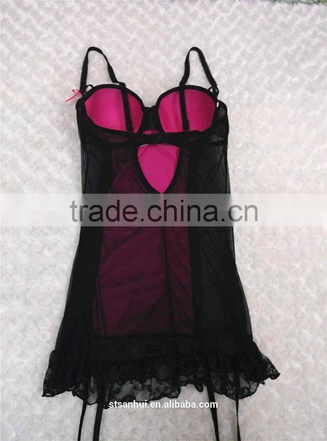 Factory hot sale sexy black lace trim with transparent back babydoll sexy lingerie night wear