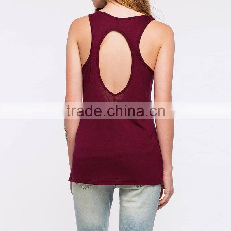 Cotton Tank Top backless hollow printed floral wine red Sold By PC