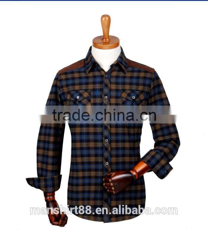 Latest design checked flannel men shirt with shoulder and elbow patch