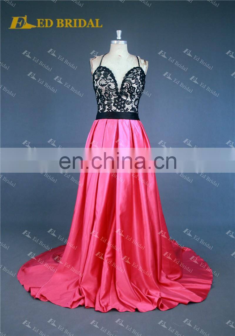 LN144 Real Sample Sexy Backless Criss Cross Spaghetti Straps Black Lace Top Fuchsia Prom Dress Patterns