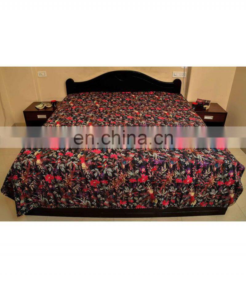 Bird Of Paradise Kantha Quilt Cotton Kantha Bird Print Bedcover Set Of 5 Pcs Bedspread