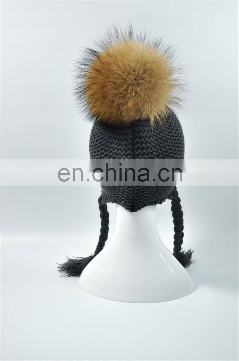 High Quality Knitted Beanies Colorful Big Raccoon Fur Pom Pom Winter Hat Beanie Kids