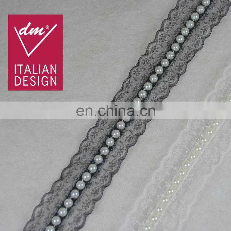 2017 popular high designs black beaded pearl lace trim for garment decoration