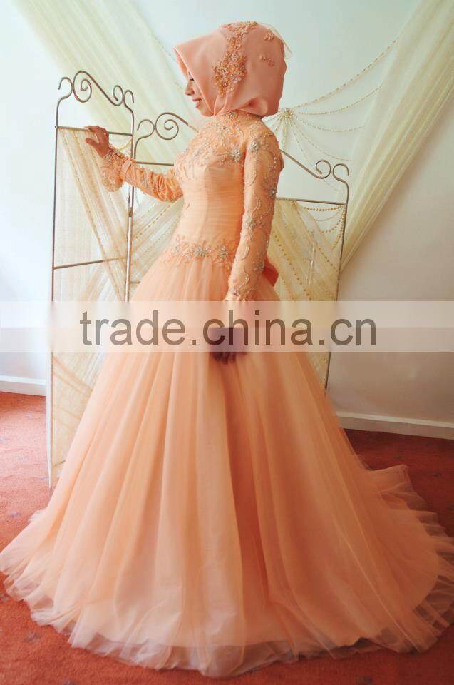 High Quality Beautiful Orange Long Sleeve Beaded Tulle Ball Gown Arabic Wedding Dress Hijab