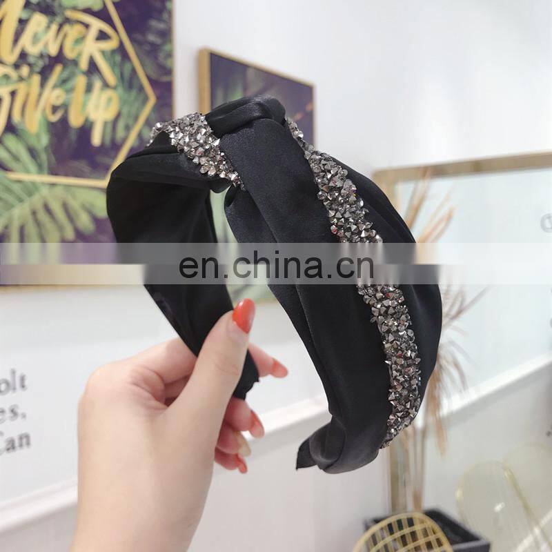 New Fashion Rhinestone Hairband Women Solid Wide Side Headband Middle Knot Turban Girls Autumn Winter Hair Accessories Headwear