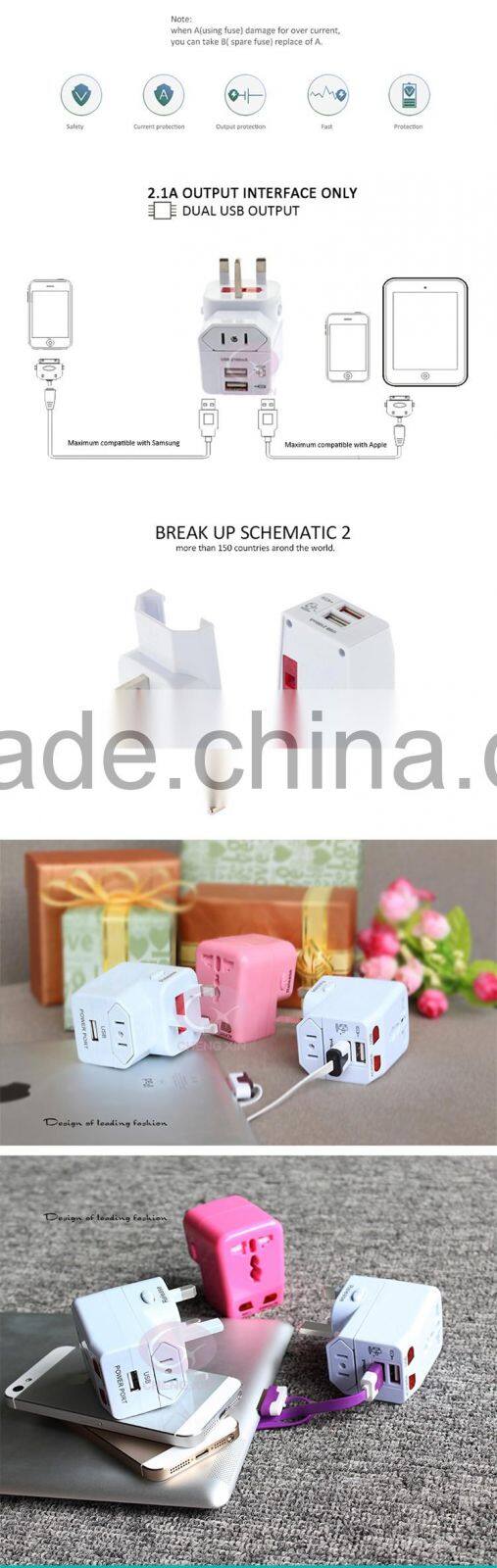 2016 Free Sample Safe universal travel adapter with 2 usb port,dual sim dual standby adapter